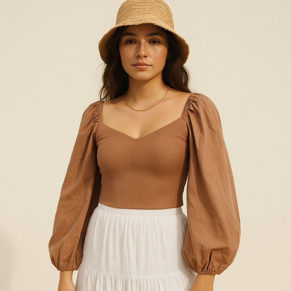 Abercrombie & Fitch Brown Sweetheart Neck Cropped Blouse Size XL NWT